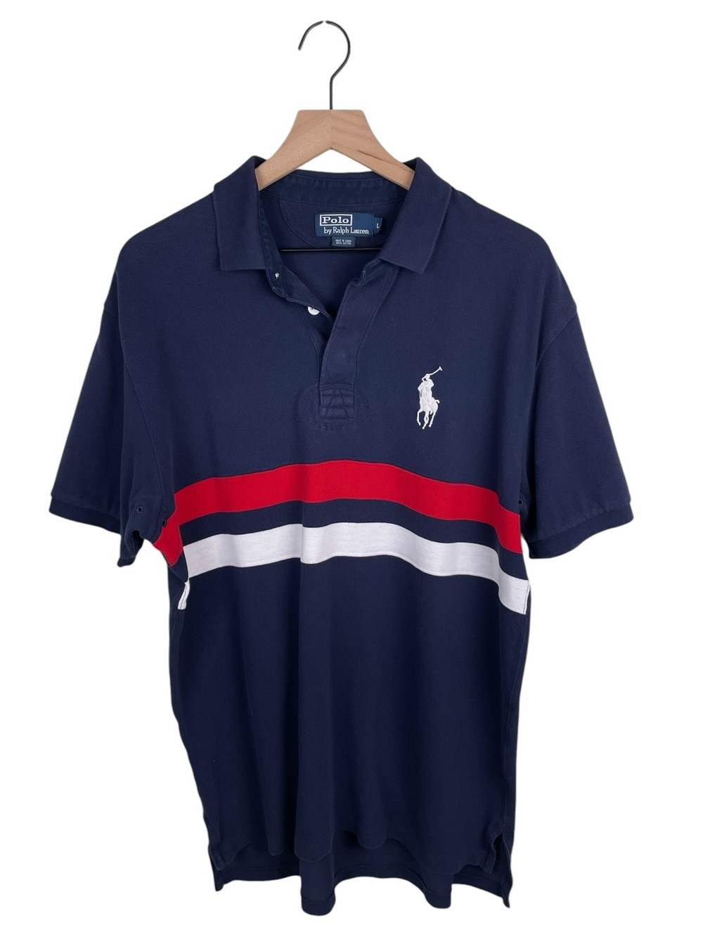 Vintage Y2K Polo Ralph Lauren Navy Blue Red Striped Polo Shirt Large Pony Logo